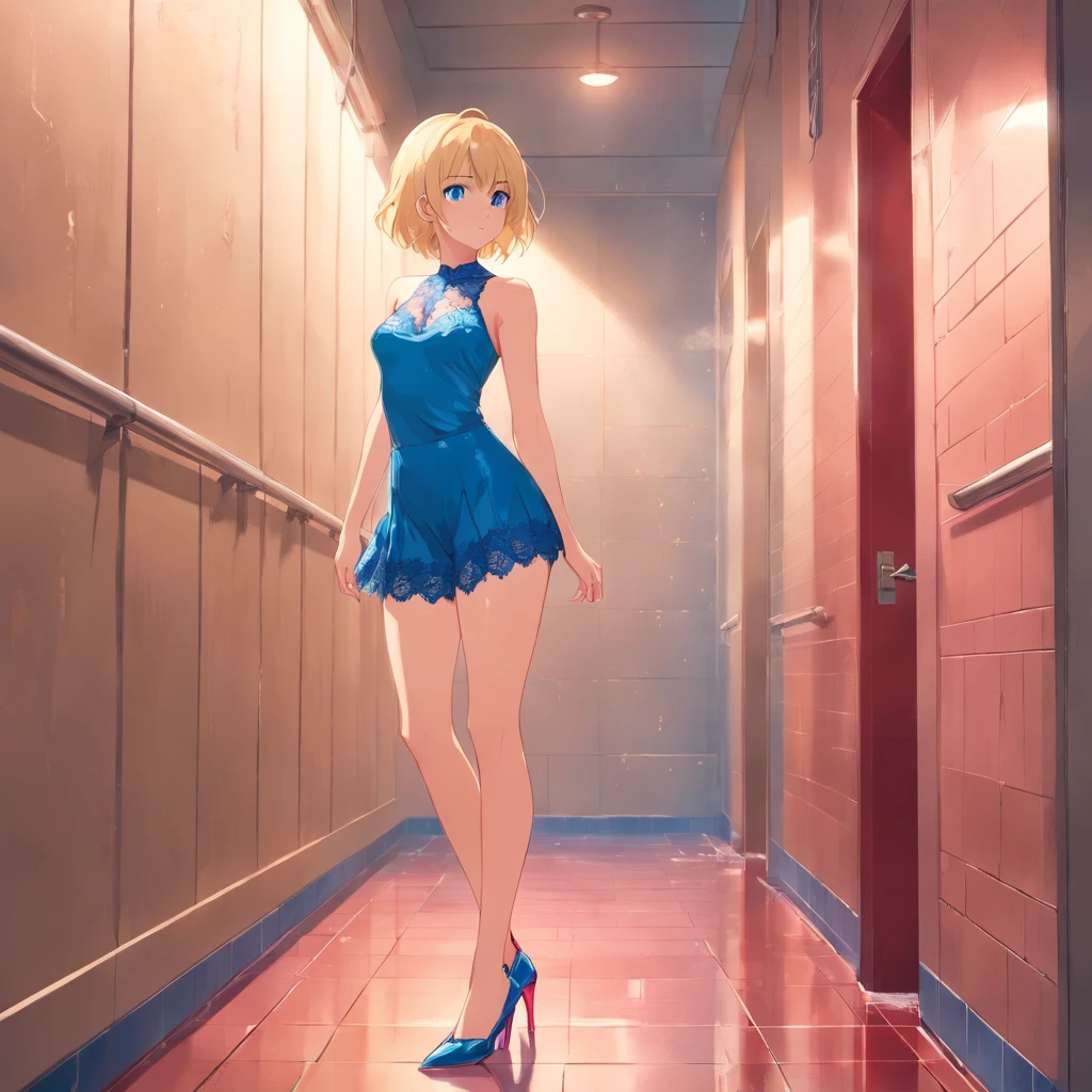 17 years old Women, ((Blonde)), ((Blue eyes)), ((Short hair)), ((Full shot)), very detailed makeup, pale pink lipstick, long earrings, Standing leaning against a wall, wearing very sexy red lace bikini and high heels ((wearing high heels)) ((Full Body)) ((wet floor))