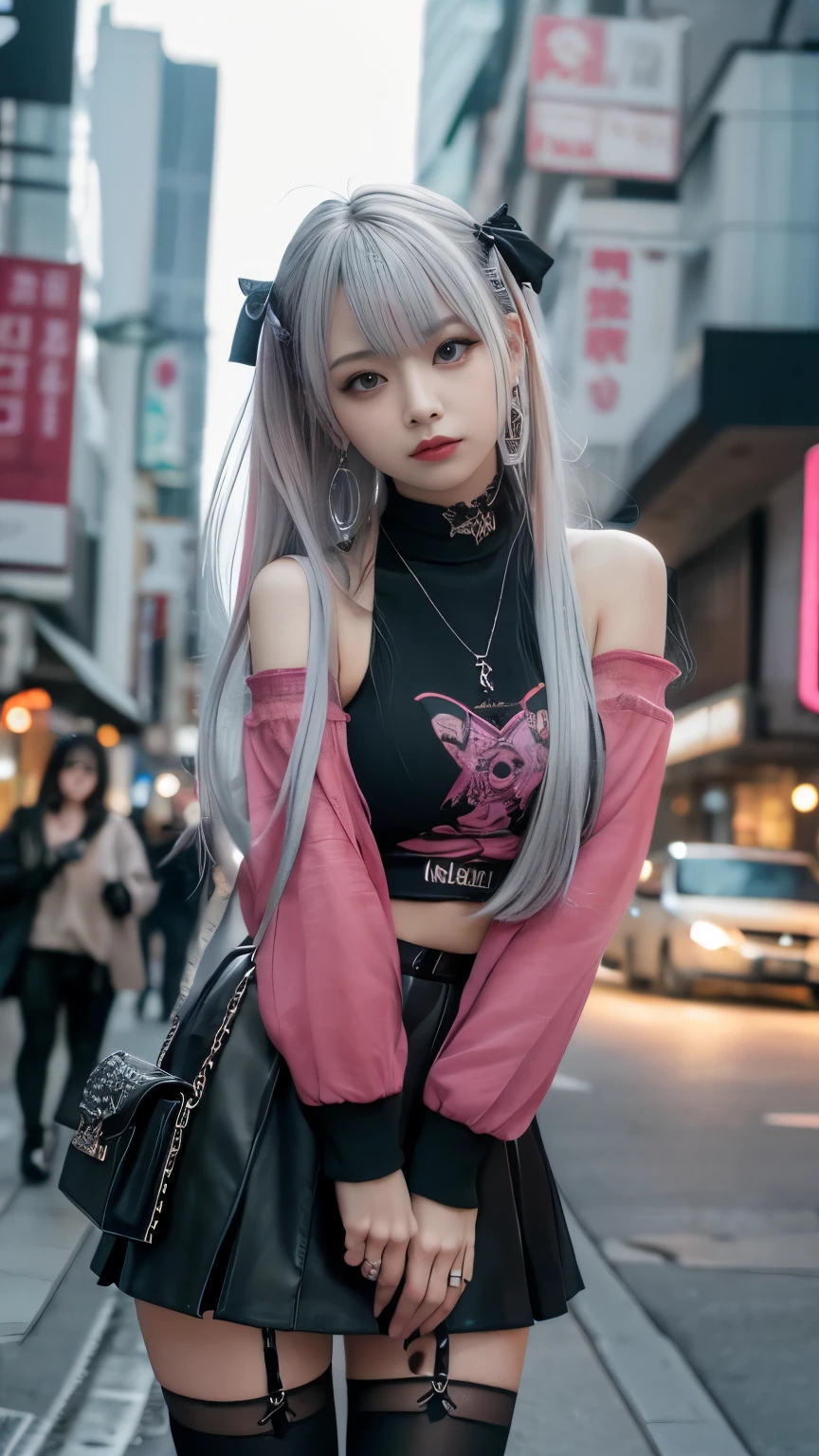 highest quality,High resolution、High resolution、( masterpiece),Silver Hair、Pink mesh hair、ゴシックpunkの衣装、look up, Upper Body,Hair bundle,Fair skin,(realism:1.5、Realistic、Photorealistic、Raw photo)、black、cool、wonderful、beautiful、Earrings、amount、Goth icskirt、Goth_punk, One Woman、alone, ((Midnight、Neon Town)), Looking at the audience,Leather clothing、Long sleeve, Portraiture, Side Lock、Realistic textured face and body、Super big boobs:1.5、Small waist、Knee-high stockings、deep red lipstick、Swollen eyes、blackのアイシャドウ、超A high resolution 、SLR、Portrait、Dynamic pose、Anatomically correct、Symmetrical face、Degrees of Freedom:1.8、
