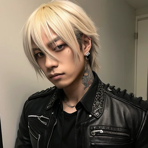 1 japanese male rocker, asien eyes, Visual Kai hairstyle, ultra detailed face and body, hyperrealistic, realistic representation, muscular, broad shoulders, tattoos gothic style, piercings, Visual Kei style, hairstyle Visual Kei, blond, 30 years old, age 30, outfit gothic streampunk, men's shirt and black pants, Asian eyes, eyes Asian, long hair, long hair