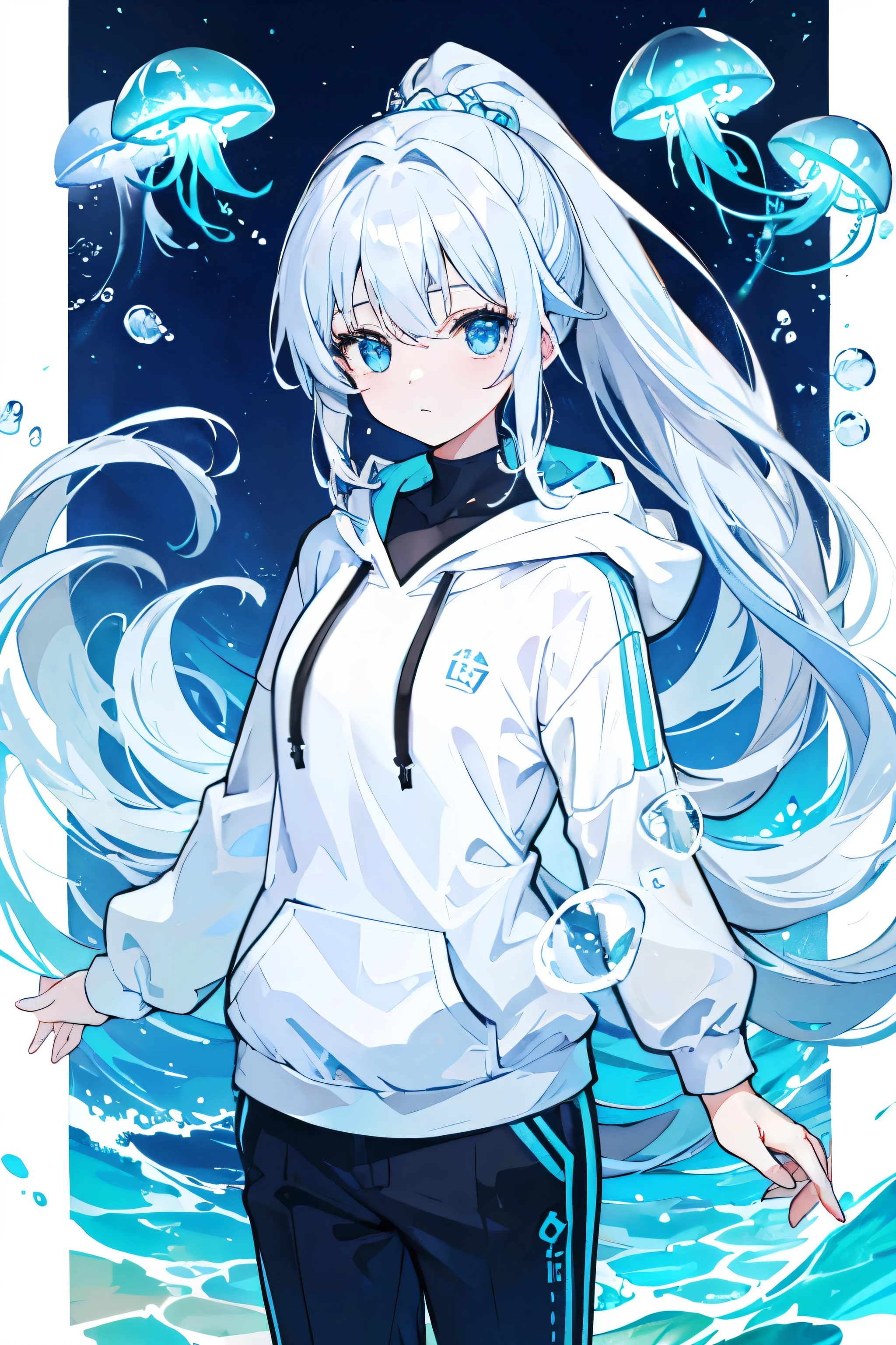 In the sea、In the water、Bubble、jellyfish、Silver hair ponytail、blue eyes、White and blue hoodie、Black trousers