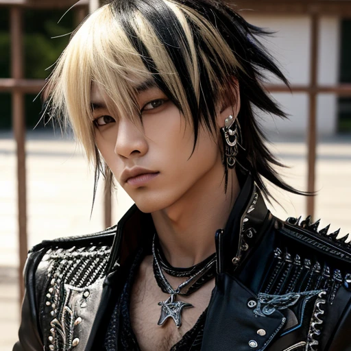 1 japanese male rocker, asien eyes, Visual Kai hairstyle, ultra detailed face and body, hyperrealistic, realistic representation, muscular, broad shoulders, tattoos gothic style, piercings, Visual Kei style, hairstyle Visual Kei, blond, 30 years old, age 30, outfit gothic streampunk, men's shirt and black pants, Asian eyes, eyes Asian, long hair, long hair