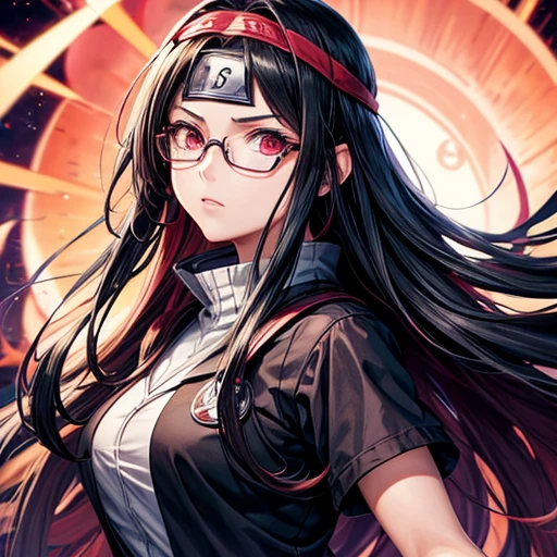 anime girl with glasses and long hair, anime visual of a cute girl, anime style. 8k, pin on anime, anime vibes, anime style 4 k, anime moe artstyle, anime aesthetic, anime girl desktop background, anime visuals, anime girl with real hair, ethereal anime, anime girl with long hair, beautiful anime portrait , anime , Naruto, Naruto anime, Sharingan background, at night, dark , Sharingan , wearing Naruto headband