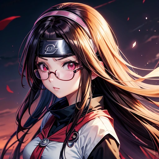 anime girl with glasses and long hair, anime visual of a cute girl, anime style. 8k, pin on anime, anime vibes, anime style 4 k, anime moe artstyle, anime aesthetic, anime girl desktop background, anime visuals, anime girl with real hair, ethereal anime, anime girl with long hair, beautiful anime portrait , anime , Naruto, Naruto anime, Sharingan background, at night, dark , Sharingan , wearing Naruto headband  
