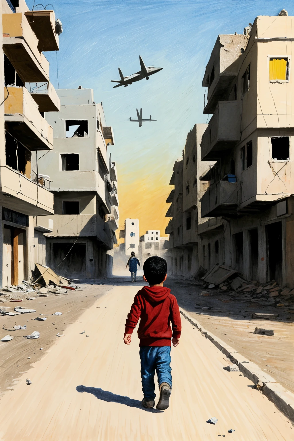 illustration drawing, A in ragged clothes walks on the road, with buildings damaged by war next to him and planes dropping resources in the sky, in Palestine