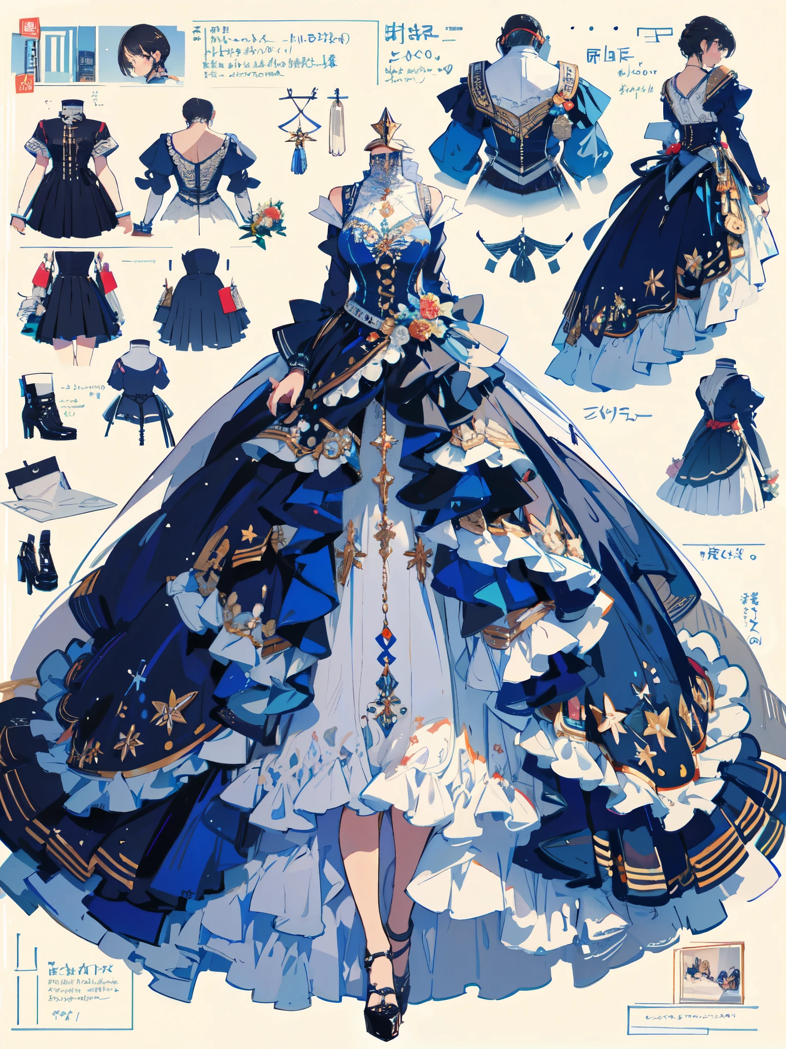 Mastepiece、Best Quality、Perfect lighting、Very detailed、8k、wallpaper、Information Sheet、Model Sheet、Simple white background、(Dress only photo)、((clothes sheet:1.5))、(Multiple Perspectives, [whole body_From behind_From the side_from the front_feet_Upper Body]:1)、Blue Dress、Lots of frills、Reference Art、Reference Sheet、Multiple Views