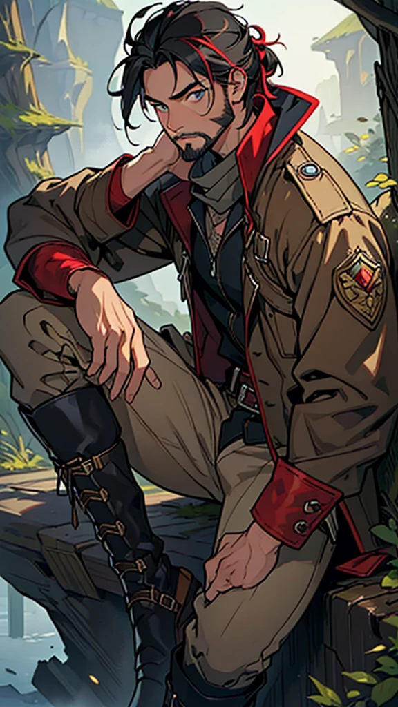 (masterpiece, Side light, Beautiful, detailed eyes: 1.2), ((highest quality, Detailed face)), ((masterpiece)), (Very detailed:1.3), Young people, Sitting, (Messy black hair, Red highlights on hair), (Calm expression), A little bit of facial hair is visible, Surrounded by fog, Eye wounds, (Adventurer's clothes), Hidden weapons, Brown coat, High Boots,