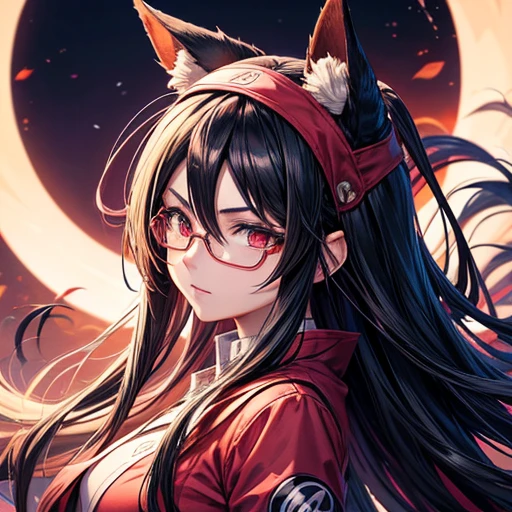 anime girl with glasses and long hair, anime visual of a cute girl, anime style. 8k, pin on anime, anime vibes, anime style 4 k, anime moe artstyle, anime aesthetic, anime girl desktop background, anime visuals, anime girl with real hair, ethereal anime, anime girl with long hair, beautiful anime portrait , anime , Naruto, Naruto anime, Sharingan background, at night, dark , Sharingan , wearing Naruto headband fox ears and tail