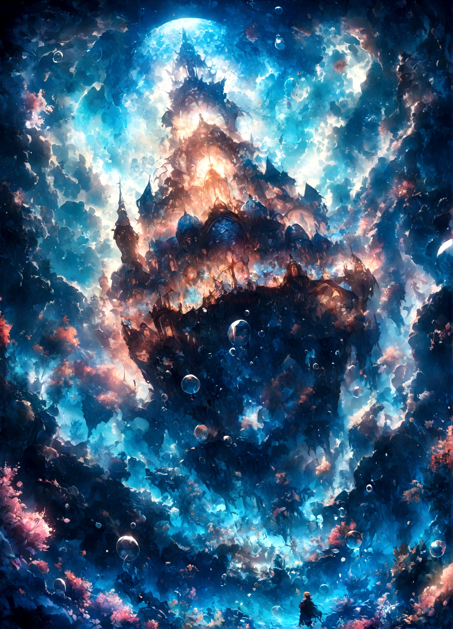 Open World,Undersea Acarandis,Fantastic colors,Draw the underwater world,Fluctuations in clear water,Fluctuating bubbles in water,Very wide angle shot,Fantastic artistic expression,