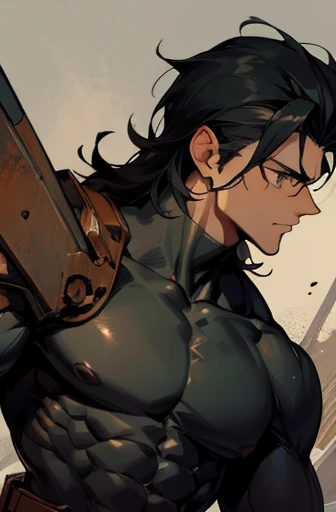 Blunt, Muscular man, Swept-back black hair, Rust-colored eyes, Black suit.