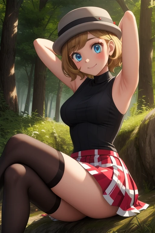 pkmnserena, 1girl, solo, blue eyes, blonde hair, short hair, bangs, hat, grey headwear,
black shirt, turtleneck, sleeveless, red skirt, pleated skirt, black thighhighs,
smile,closed mouth,cowboy shot,sitting,
forest,outdoor,
(insanely detailed, beautiful detailed face, masterpiece, best quality) cinematic lighting, sexy armpits