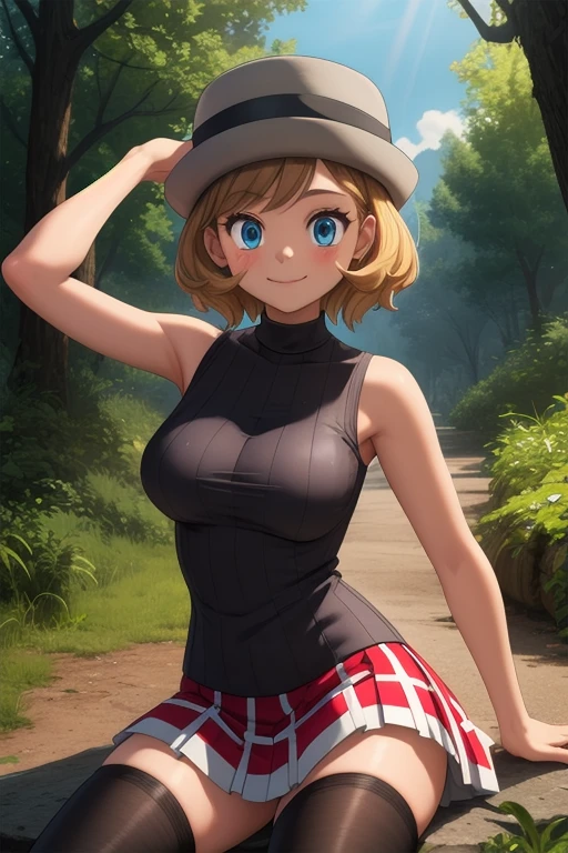 pkmnserena, 1girl, solo, blue eyes, blonde hair, short hair, bangs, hat, grey headwear,
black shirt, turtleneck, sleeveless, red skirt, pleated skirt, black thighhighs,
smile,closed mouth,cowboy shot,sitting,
forest,outdoor,
(insanely detailed, beautiful detailed face, masterpiece, best quality) cinematic lighting, sexy armpits