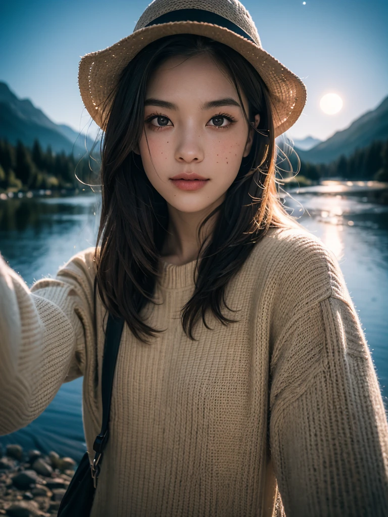 (masterpiece, best quality:1.2), (8k uhd, 16k, 32k, ultra high res), (photorealistic:1.37), (RAW photo), ultimate-realistic, ultimate-realistic details, ultimate-realistic texture, ultimate-intricate details, ultimate-realistic lighting, ultimate-realistic shadow, japanese girl, 1girl, 24yo, ultimate-cute face, ultimate-RAW skin, ultimate-eyes, ((upper body selfie, happy)), solo, outdoors, (night), mountains, nature, (stars, moon) cheerful, happy, backpack, sleeping bag, camping stove, water bottle, mountain boots, gloves, sweater, hat, flashlight, forest, rocks, river, wood, smoke, shadows, contrast, clear sky, analog style (look at viewer:1.2) (skin texture) (film grain:1.3), (warm hue, warm tone:1.2), close up, cinematic light, sidelighting, ultra high res, best shadow, RAW, wearing pullover, Hasselblad X2D 100C + XCD 2,5/25V, F/1.8, (cinematic still:1.2), freckles, 35mm photograph, film, bokeh, professional, 4k, highly detailed, perfect fingers ,Extremely Realistic, UHD,