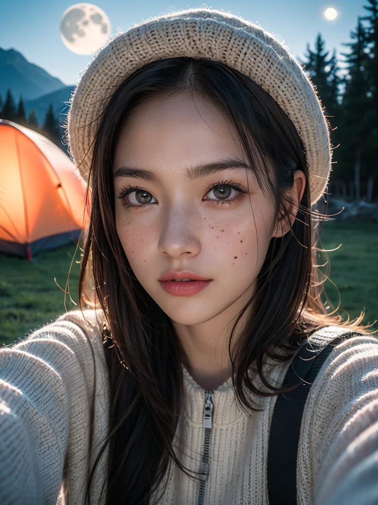 (masterpiece, best quality:1.2), (8k uhd, 16k, 32k, ultra high res), (photorealistic:1.37), (RAW photo), ultimate-realistic, ultimate-realistic details, ultimate-realistic texture, ultimate-intricate details, ultimate-realistic lighting, ultimate-realistic shadow, japanese girl, 1girl, 24yo, ultimate-cute face, ultimate-RAW skin, ultimate-eyes, ((upper body selfie, happy)), solo, outdoors, (night), mountains, nature, (stars, moon) cheerful, happy, backpack, sleeping bag, camping stove, water bottle, mountain boots, gloves, sweater, hat, flashlight, forest, rocks, river, wood, smoke, shadows, contrast, clear sky, analog style (look at viewer:1.2) (skin texture) (film grain:1.3), (warm hue, warm tone:1.2), close up, cinematic light, sidelighting, ultra high res, best shadow, RAW, wearing pullover, Hasselblad X2D 100C + XCD 2,5/25V, F/1.8, (cinematic still:1.2), freckles, 35mm photograph, film, bokeh, professional, 4k, highly detailed, perfect fingers ,Extremely Realistic, UHD,