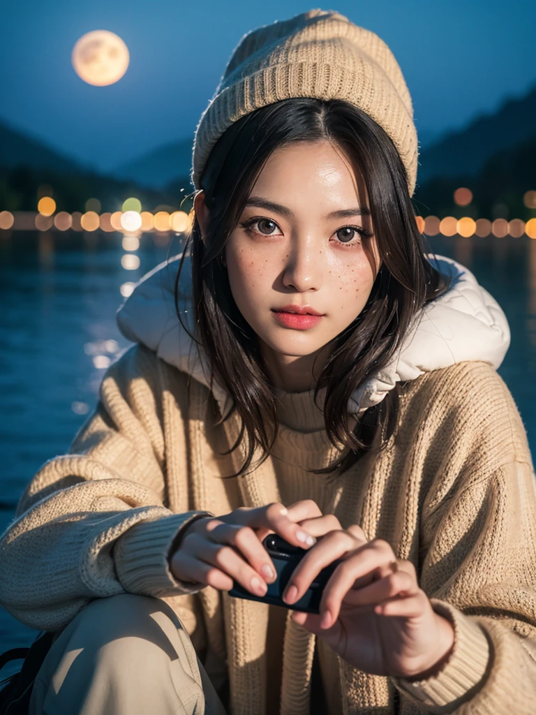 (masterpiece, best quality:1.2), (8k uhd, 16k, 32k, ultra high res), (photorealistic:1.37), (RAW photo), ultimate-realistic, ultimate-realistic details, ultimate-realistic texture, ultimate-intricate details, ultimate-realistic lighting, ultimate-realistic shadow, japanese girl, 1girl, 24yo, ultimate-cute face, ultimate-RAW skin, ultimate-eyes, ((upper body selfie, happy)), solo, outdoors, (night), mountains, nature, (stars, moon) cheerful, happy, backpack, sleeping bag, camping stove, water bottle, mountain boots, gloves, sweater, hat, flashlight, forest, rocks, river, wood, smoke, shadows, contrast, clear sky, analog style (look at viewer:1.2) (skin texture) (film grain:1.3), (warm hue, warm tone:1.2), close up, cinematic light, sidelighting, ultra high res, best shadow, RAW, wearing pullover, Hasselblad X2D 100C + XCD 2,5/25V, F/1.8, (cinematic still:1.2), freckles, 35mm photograph, film, bokeh, professional, 4k, highly detailed, perfect fingers ,Extremely Realistic, UHD,