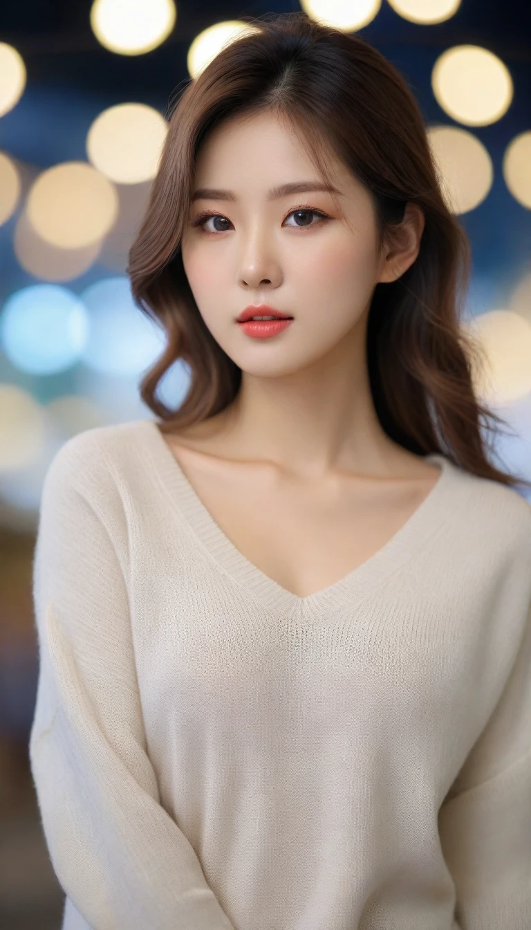 Close up of beautiful Korean woman, Chest size 34 inches, Wearing a rolled-up sleeve sweater, bokeh background, Wearing a fancy dress, UHD