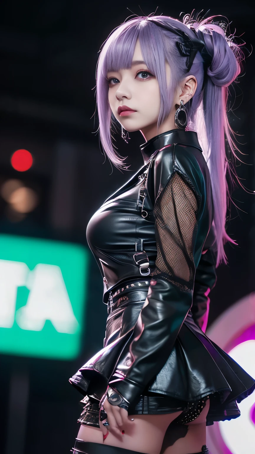 highest quality,High resolution、High resolution、( masterpiece),Silver Hair、Purple Mesh Hair、ゴシックpunkの衣装、look up, Upper Body,Hair bundle,Fair skin,(realism:1.5、Realistic、Photorealistic、Raw photo)、black、cool、wonderful、beautiful、Earrings、amount、Goth icskirt、Goth_punk, One Woman、alone, ((Midnight、Neon Town、Neon Light)), Looking at the audience,Leather clothing、Long sleeve, Portraiture, Side Lock、Realistic textured face and body、Super big boobs:1.5、Small waist、Knee-high stockings、deep red lipstick、Swollen eyes、blackのアイシャドウ、超A high resolution 、SLR、Portrait、Dynamic pose、Anatomically correct、Symmetrical face、Degrees of Freedom:1.8、
