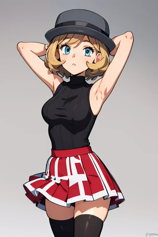 (masterpiece, best quality), 1girl,    pkmnserena, 1girl, solo, blue eyes, blonde hair, short hair, bangs, hat, grey headwear,, black shirt, turtleneck, sleeveless, red skirt, pleated skirt, black thighhighs, sexy armpits