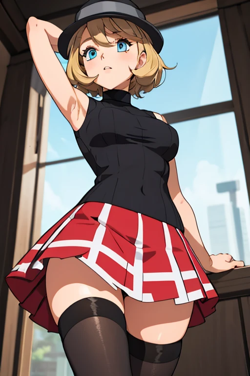 (masterpiece, best quality), 1girl,    pkmnserena, 1girl, solo, blue eyes, blonde hair, short hair, bangs, hat, grey headwear,, black shirt, turtleneck, sleeveless, red skirt, pleated skirt, black thighhighs, sexy armpits