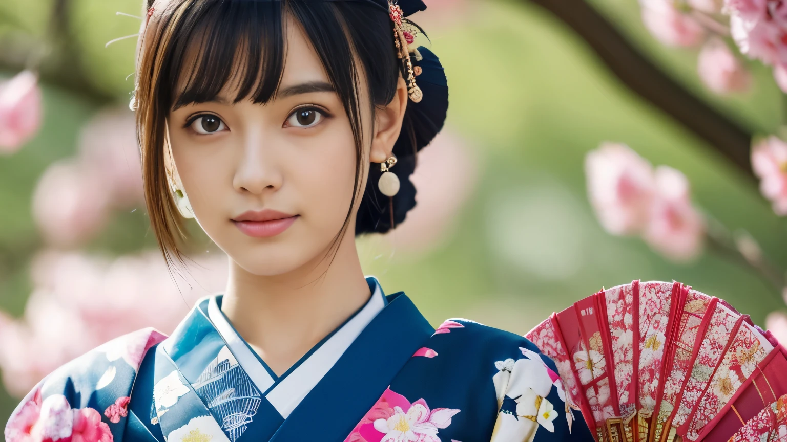 Highly detailed 8k wallpaper, with the best quality, super detailed pussy, Representative works, Reality, realistic pictures, Highly detailed cute girl, 25 years old, ((japanese, kimono, rush)) , round eyes, hair ornaments, Are standing, Upper body