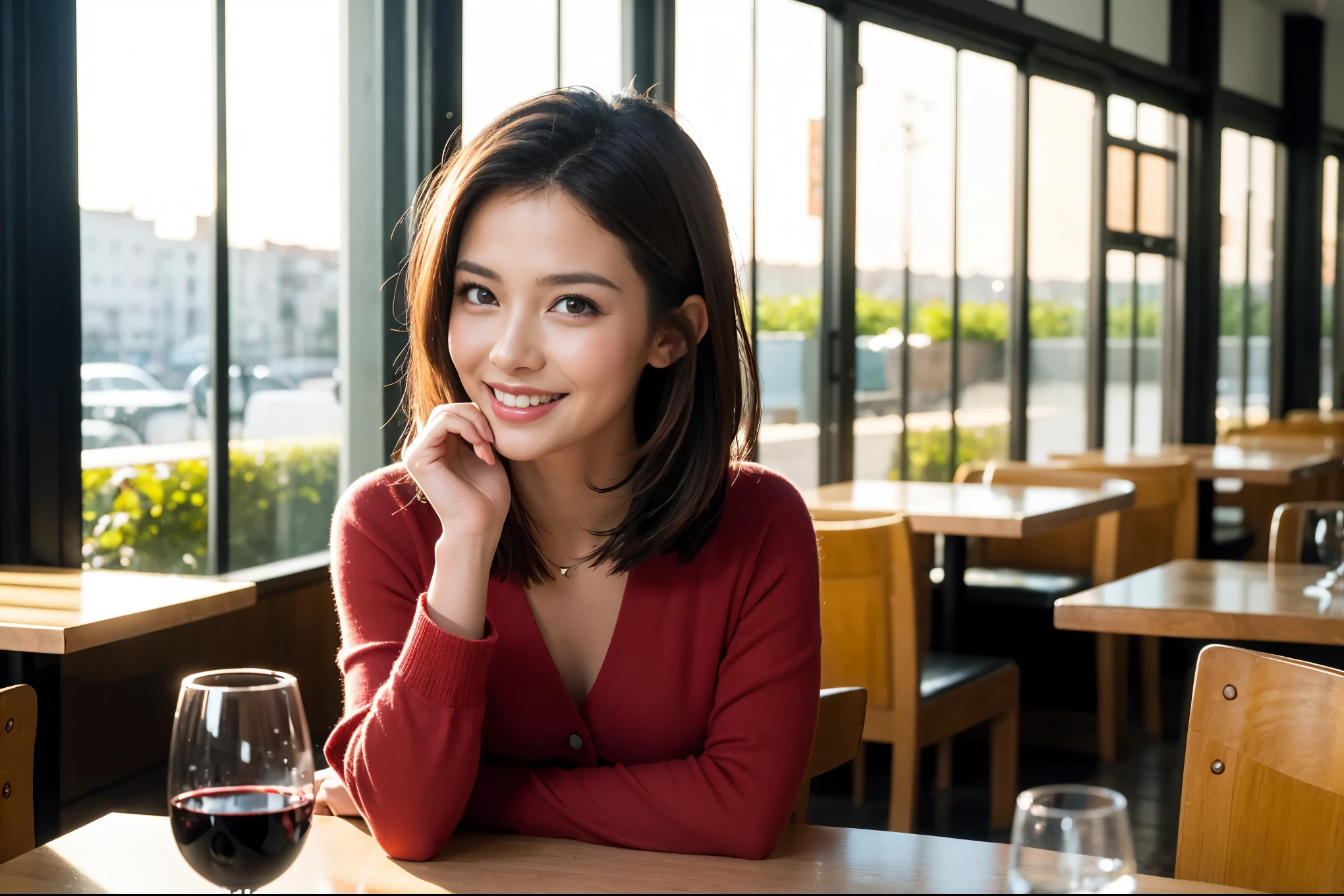 ((highest quality、8k、masterpiece:1.3))、beauty、1 male1 female、Couple、Spouse、half、The body is slim、((Bob Hale、Straight hair:1.2)), (Realistic, Intricate details:1.2), Fullcorse Dinner,Wine glass on the table、Shine light on your face、 Amazing view of the sunset sky and clouds、A bright smile、The wonderfulness of smile、Bright image、The beauty of wine, Beautiful Face, blue eyes, The light shines on your face, Blushing, short hair,Bright Face、 (Age 45), 39 years old, red wine 、Appetizers、Italian food、Wine bottle、Champagne、sparkling wine、Two beauties、Brown Hair、Shortcuts、Long sleeve shirt、dress、Pretty Woman 1, (Slim face), (The body is slim), (Brown Hair), (Shortcuts), cheeks turn a little red,Attractive beauty、restaurant, In a prominent place (From the waist up) Nova Frog Style, actress, model, Upper Body, White wine, slim, wine glass, A wine glass placed in the center, smile, (smile: 1.15), Beautiful fine grain, Depth f/2,saturation, High Contrast, Strong light and shadow,Moist Body:1.5、3D texture、Delicate eyes、Brown Hair、The hair is very shiny、
