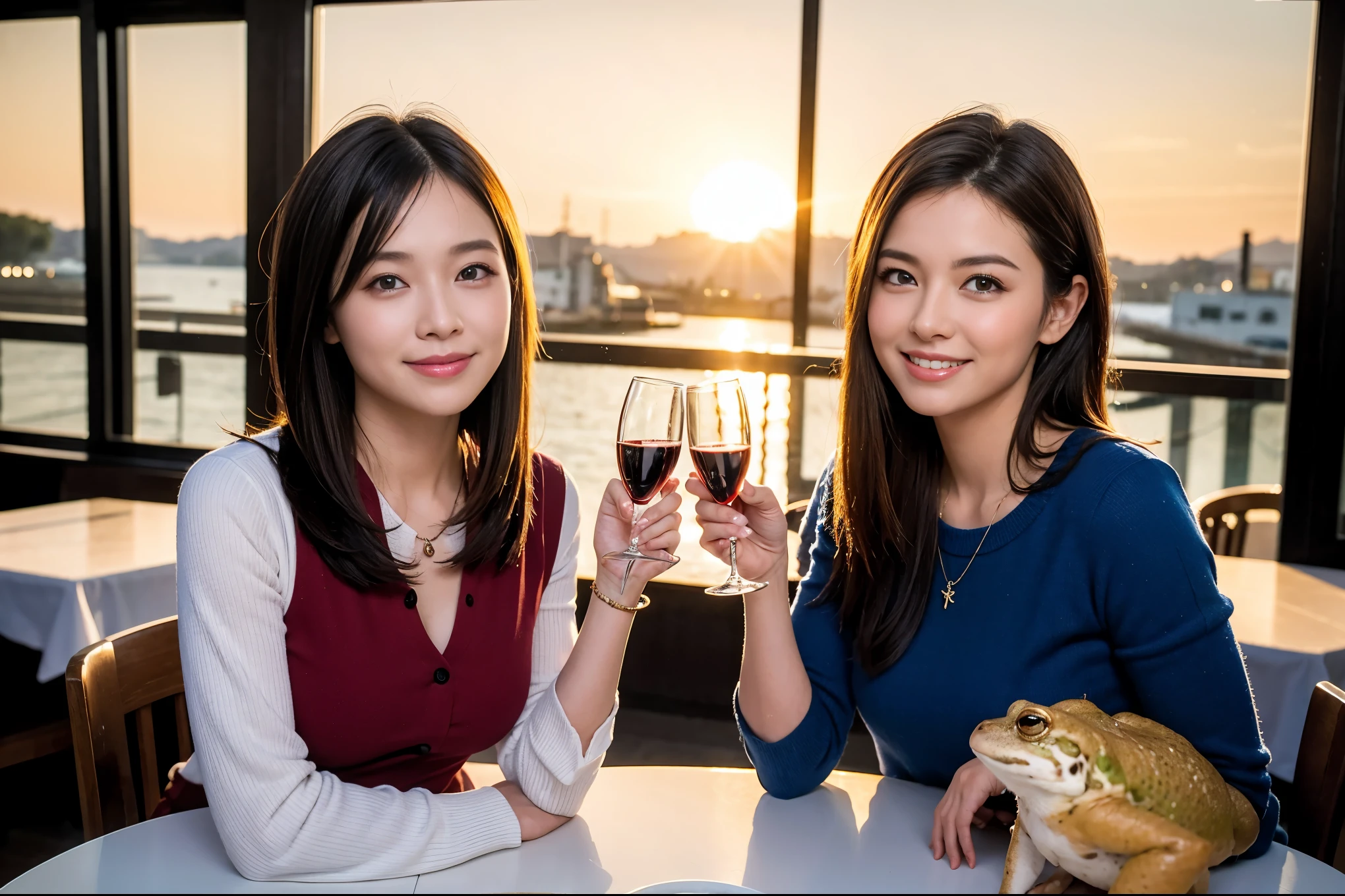 ((highest quality、8k、masterpiece:1.3))、beauty、1 male1 female、Couple、Spouse、half、The body is slim、((Bob Hale、Straight hair:1.2)), (Realistic, Intricate details:1.2), Fullcorse Dinner,Wine glass on the table、Shine light on your face、 Amazing view of the sunset sky and clouds、A bright smile、The wonderfulness of smile、Bright image、The beauty of wine, Beautiful Face, blue eyes, The light shines on your face, Blushing, short hair,Bright Face、 (Age 45), 39 years old, red wine 、Appetizers、Italian food、Wine bottle、Champagne、sparkling wine、Two beauties、Brown Hair、Shortcuts、Long sleeve shirt、dress、Pretty Woman 1, (Slim face), (The body is slim), (Brown Hair), (Shortcuts), cheeks turn a little red,Attractive beauty、restaurant, In a prominent place (From the waist up) Nova Frog Style, actress, model, Upper Body, White wine, slim, wine glass, A wine glass placed in the center, smile, (smile: 1.15), Beautiful fine grain, Depth f/2,saturation, High Contrast, Strong light and shadow,Moist Body:1.5、3D texture、Delicate eyes、Brown Hair、The hair is very shiny、