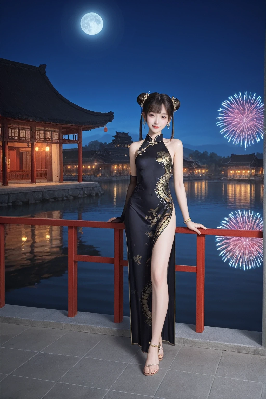 score_9, score_8_up, score_7_up, BREAK,
best quality, official art, extremely detailed CG, Unity 8k wallpaper, wide shot, 1 girl, Miyu Edelfelt, loli, black hair, brown eyes, seductive smile, NSFW, barefoot, see-through dress, butterfly, butterfly hair ornament, backless dress, Chinese clothes, sleeveless, double bun, golden dragon print, elbow gloves, hair bun, hair ornament, jewelry, earrings, bead anklet, slim legs, nail polish, small breasts, solo, toenail polish, toenails, toes, twintails, outdoor, Chinese style architecture, Chinese style, lake, ancient town, beautiful and meticulous water, the red lantern, fireworks, full moon