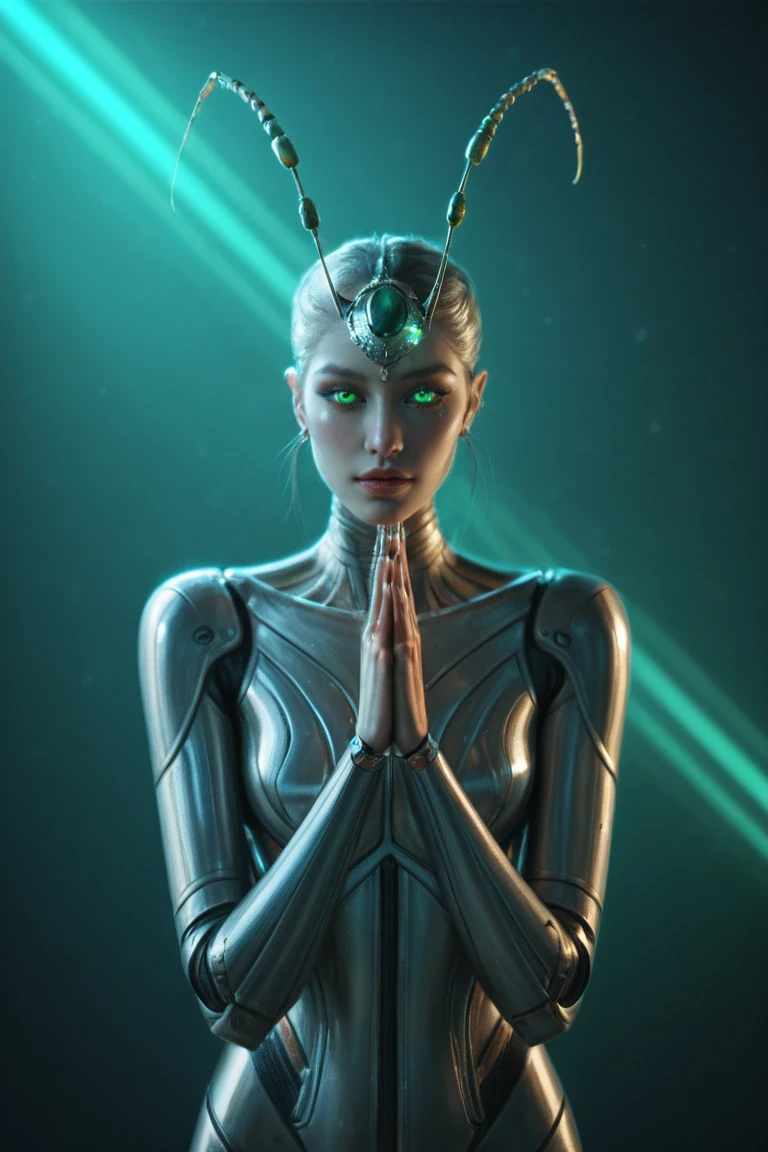 score_9, score_8_up, score_7_up, BREAK,
best quality, 4k, 8k, highres, masterpiece, ultra-detailed, photorealistic, female alien, compound eyes, praying mantis eyes, futuristic, hi-tech, natural-looking skin, emerald-green compound eyes, exquisite, detailed face features, piercing eyes, long eyelashes, sharp angles, sculptural facial structure, innovative fashion style, metallic, shimmering make-up, glowing eyeliner, ornate futuristic jewelry, elaborate headpiece, feathers, metallic elements, ethereal background, floating holographic particles, controlled lighting, soft highlights, bluish-green color scheme, otherworldly atmosphere,full body