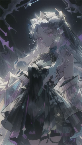 A princess, black (bioluminescent dress), long hair, crystal, flowers, gold, chromatic dispersion, detailed eyes, stars in the eyes