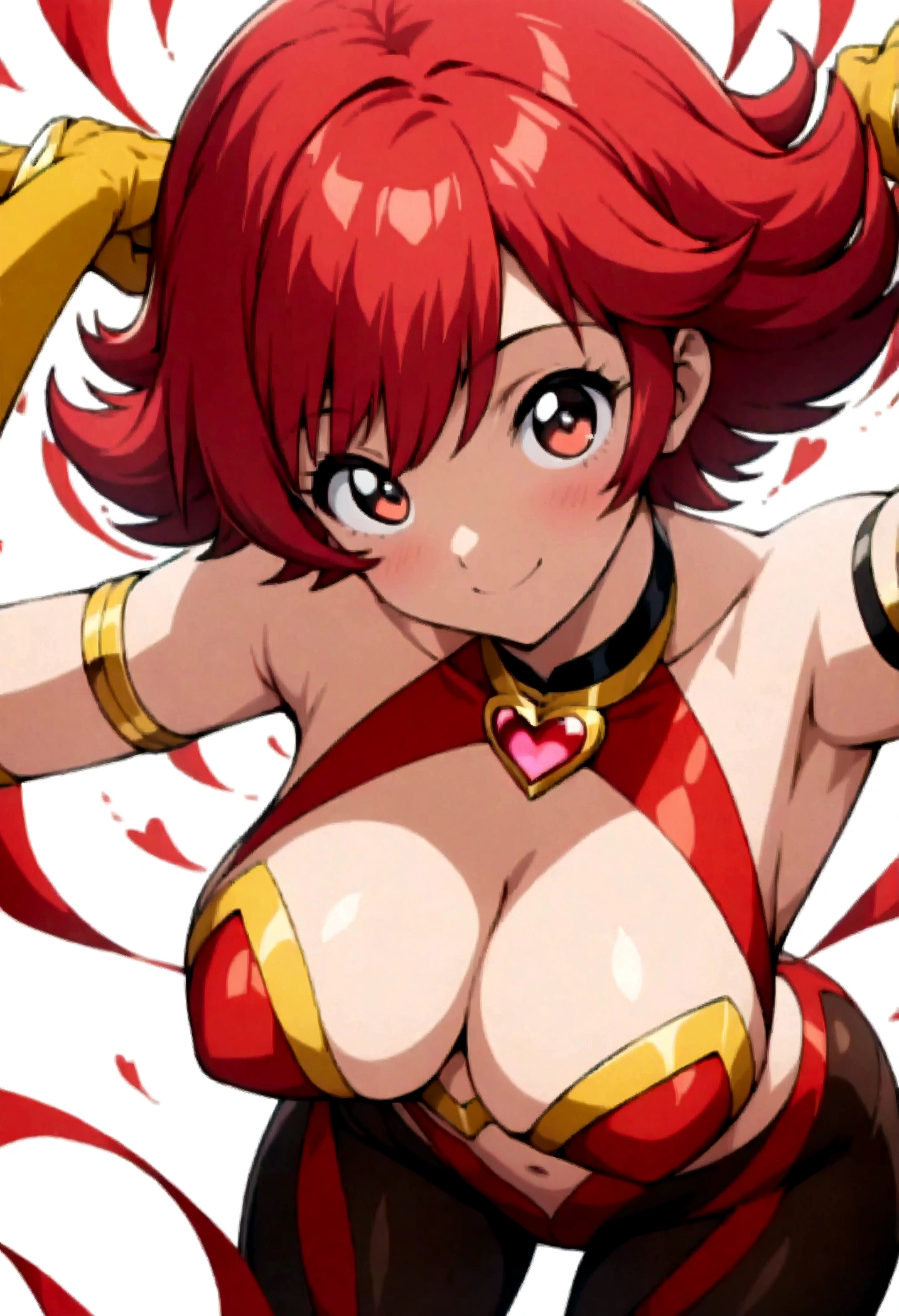 (Masterpiece, top quality, high resolution)), ((highly detailed CG unified 8K wallpaper)), (huge stunning goddess shot, very hot and sexy, jaw-dropping beauty, perfect proportions, beautiful body, slim body beauty:1.1), 1 woman, cutie honey, Red hair, short hair, big eyes, staring at camera, (red tops, cleavage cutout, bare shoulders, bare backs, black leggings, choker with heart symbol, gold long gloves, gold boots, armlet), (Hands clasped above head, legs apart:1.8), (simple background, white background:1.5), front view, smile, Exploding cloth,