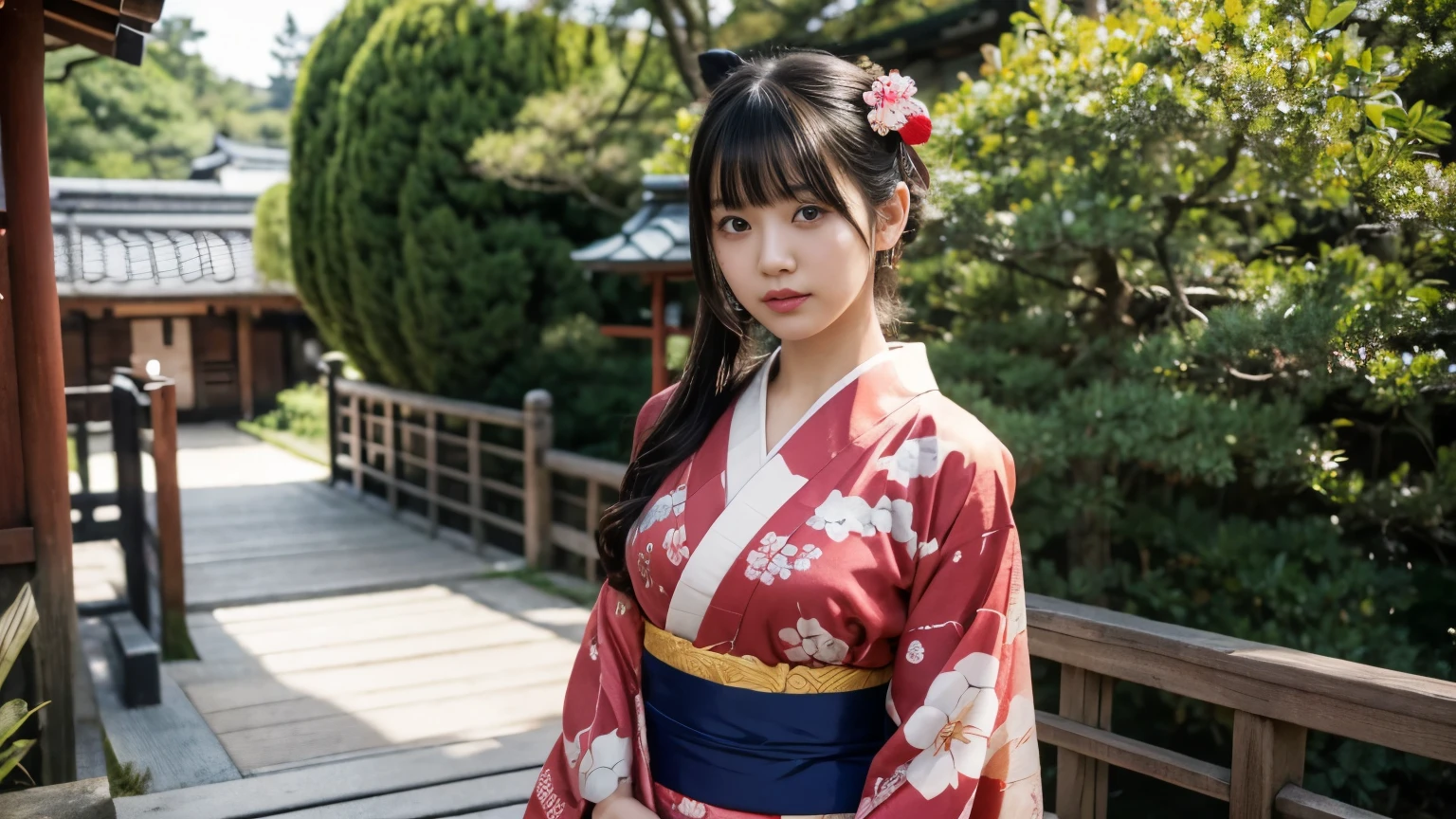 Highly detailed 8k wallpaper, with the best quality, super detailed pussy, Representative works, Reality, realistic pictures, Highly detailed cute girl, 25 years old, ((japanese, kimono, rush)) , round eyes, hair ornaments, Are standing, Upper body