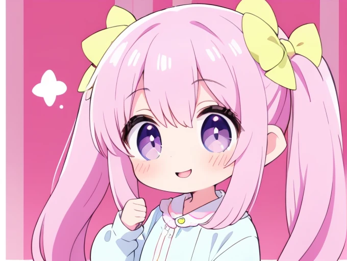 (pastel:1.2)、(Chibi Girl:1.2)、Esbian all over、Long twin tails、Bow and Bow、border pajamas、Funny pose、What's that?、Laughter、Vertical striped background、 pink gradation
