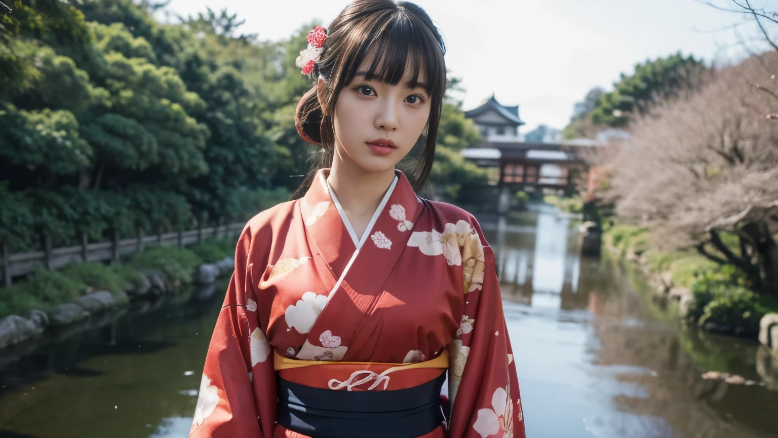 Highly detailed 8k wallpaper, with the best quality, super detailed pussy, Representative works, Reality, realistic pictures, Highly detailed cute girl, 25 years old, ((japanese, kimono, rush)) , round eyes, hair ornaments, Are standing, Upper body