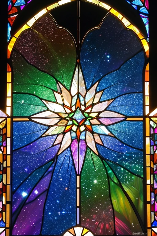 The entire area is covered with colorful, transparent glass that resembles stained glass. 200 large and small diamond-like particles of light are scattered throughout, shining brightly. In the center is a gleaming metal wreath-shaped flower made of prismatic glass.