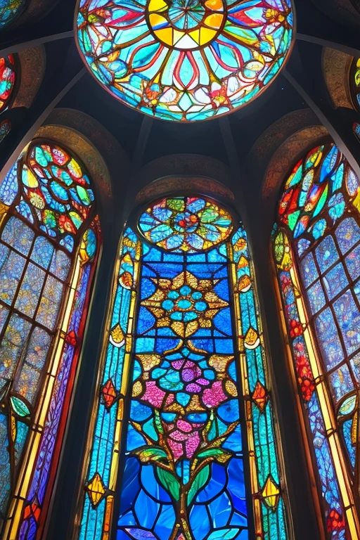 The entire area is covered with colorful, transparent glass that resembles stained glass. 200 large and small diamond-like particles of light are scattered throughout, shining brightly. In the center is a gleaming metal wreath-shaped flower made of prismatic glass.