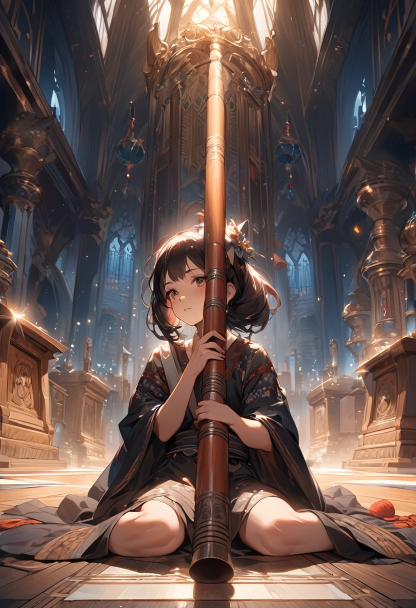 (Masterpiece) An exquisitely detailed, ultra-high resolution image of a tween Aboriginal girl playing the didgeridoo, capturing the subtleties of her irresolute expression and the intricate details of her face. The full-body composition showcases her traditional attire, with a focus on the didgeridoo she holds, masterfully blending realism and symbolism. The overall quality is unparalleled, making it a standout piece, worthy of being a best-selling stock photo or a stunning CG Unity wallpaper, showcasing the artistry of trending ArtStation and CG Society. The rich, cinematic lighting adds depth and drama to this