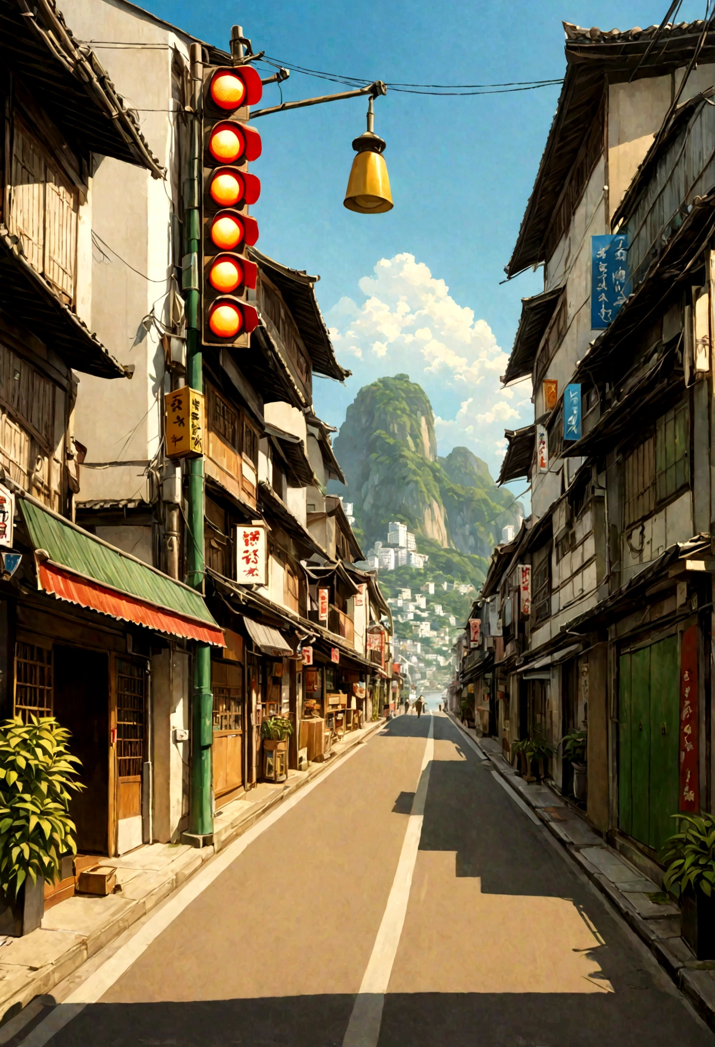 A painting depicting a waterside street, Traffic light on pole, rio de janeiro in an Japanese Manga film, Japanese Manga. author:Xin Haicheng, Japanese Manga landscape, author:Xin Haicheng, author:Xin Haicheng, Japanese Manga landscape wallpaper, Japanese Manga scenery, hd Japanese Manga cityscape, Xin Haicheng and (cain kuga), Xin Haicheng'style, high resolution, Uhigh resolution, high resolutionR, 3.20 thousand,1:1