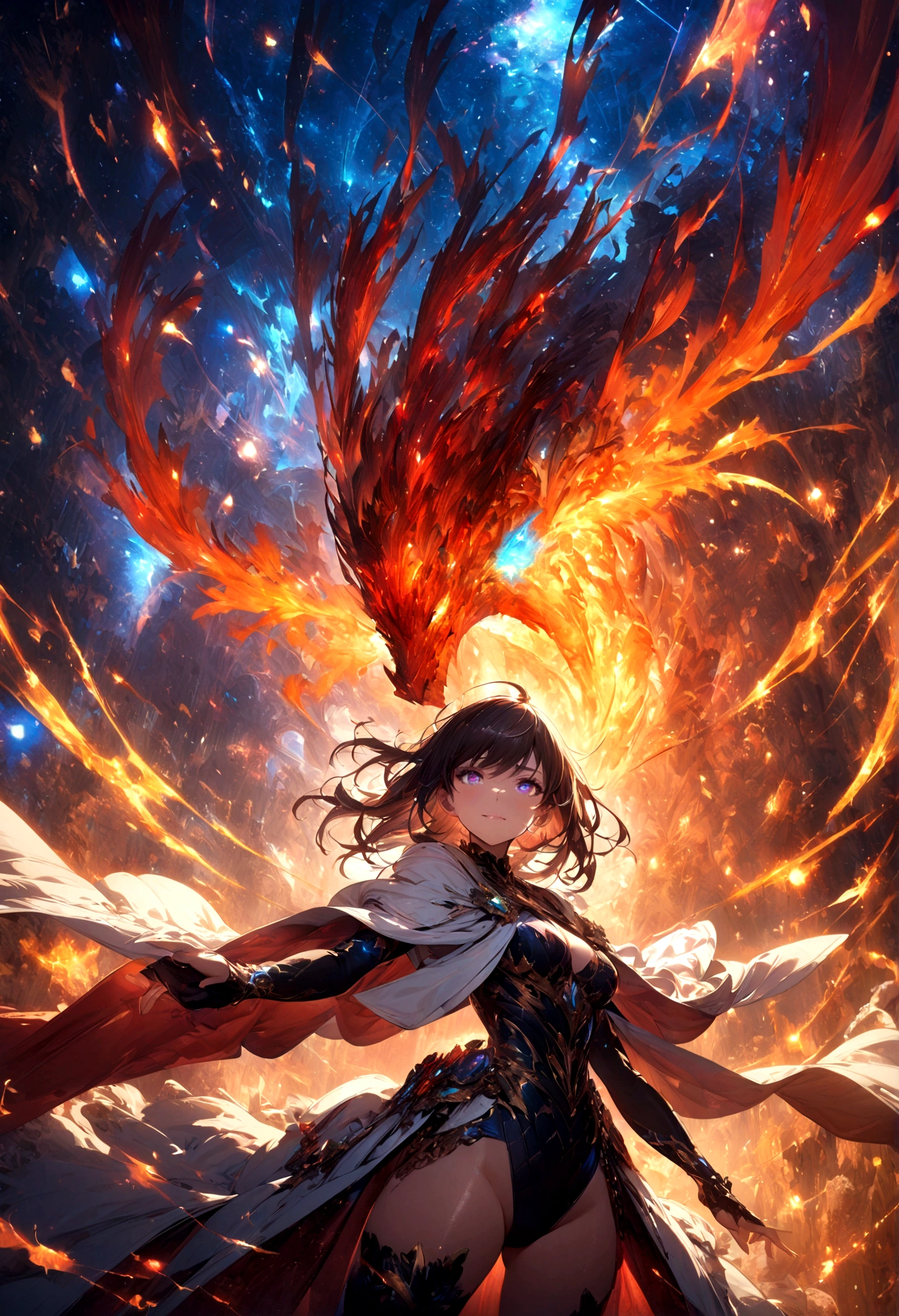 (masterpiece, Top quality, best quality, Official Art, beautiful and aesthetic:1.2), (1 Girl), Extremely detailed eyes, (Fractal Art:1.3), rich and colorful, The most detailed, (Perfect face), shiny skin, HDR, (white cloak golden lines:1.2), galaxy, (Light streaks), Eye-Catching Visuals, (Dynamic Stripes, Luminous trails:1.2), Vibrant colors, (Phoenix),