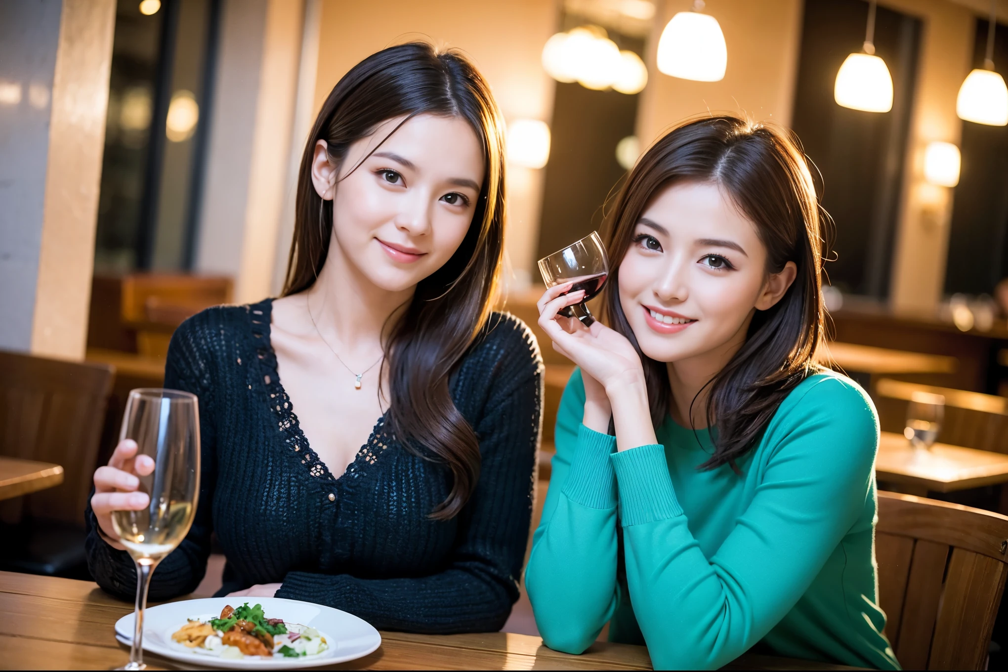 ((highest quality、8k、masterpiece:1.3))、Ray Dan beauty、1 male、1 female、Couple、Spouse、half、The body is slim、((Bob Hale、Straight hair:1.2)), (Realistic, Intricate details:1.2), Wine glass on the table、Shine light on your face、 Amazing view of the sunset sky and clouds、Amazing mountain views、A bright smile、The wonderfulness of smile、Bright image、The beauty of wine, Beautiful Face, blue eyes, The light shines on your face, Blushing, short hair,Bright Face、 (Age 44), 43 years old, red wine 、Appetizers、Italian food、Wine bottle、Champagne、sparkling wine、Two beauties、Brown Hair、Shortcuts、Long sleeve shirt、dress、Pretty Woman 1, (Slim face), (The body is slim), (Brown Hair), (Shortcuts), cheeks turn a little red,Attractive beauty、restaurant, In a prominent place (From the waist up) Nova Frog Style, actress, model, Upper Body, White wine, slim, wine glass, A wine glass placed in the center, smile, (smile: 1.15), Beautiful fine grain, Depth f/2,saturation, High Contrast, Strong light and shadow,Moist Body:1.5、3D texture、Delicate eyes、Brown Hair、The hair is very shiny、