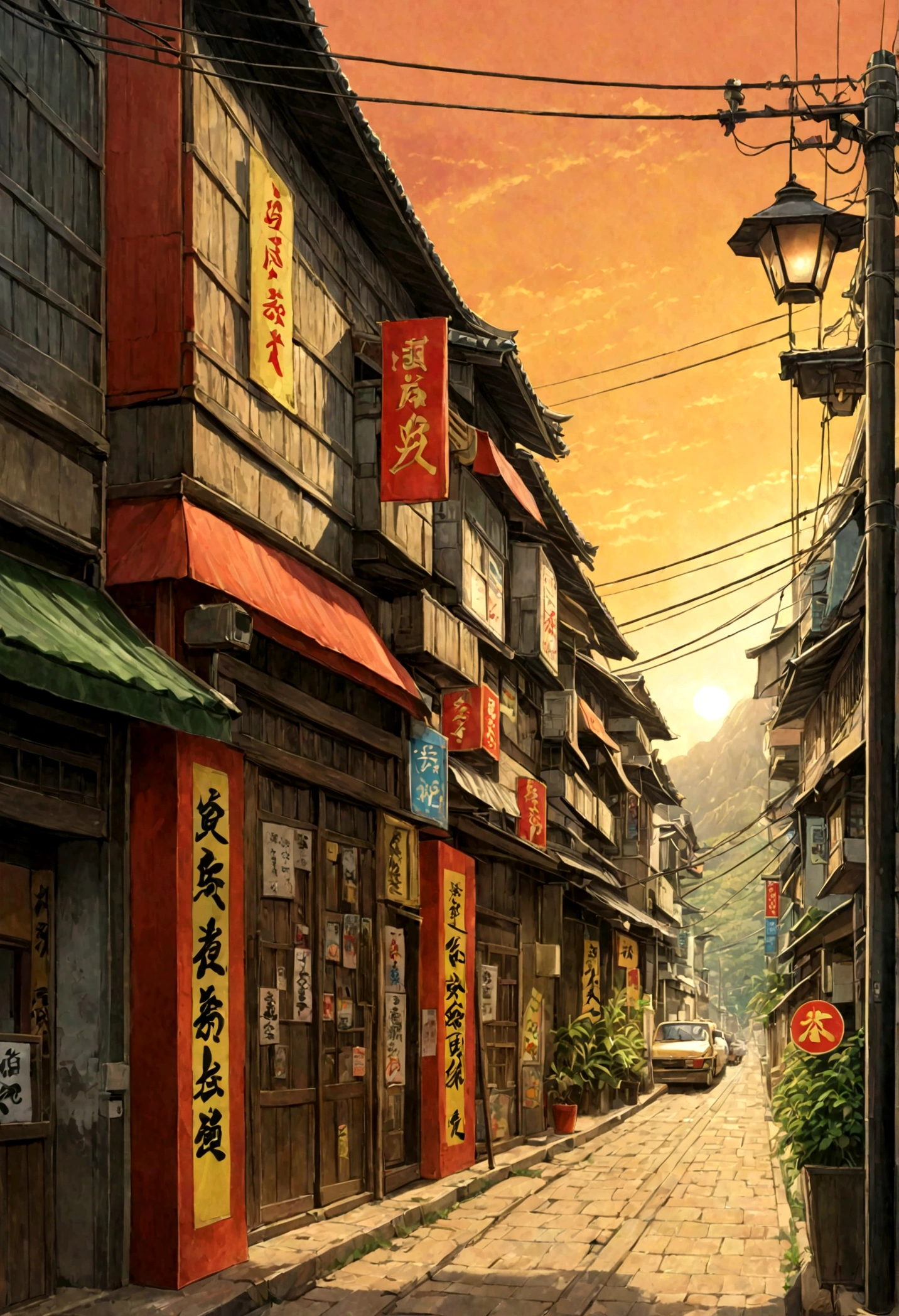 A painting depicting a waterside street, Traffic light on pole, rio de janeiro in an Japanese Manga film, Japanese Manga. author:Xin Haicheng, Japanese Manga landscape, author:Xin Haicheng, author:Xin Haicheng, Japanese Manga landscape wallpaper, Japanese Manga scenery, hd Japanese Manga cityscape, Xin Haicheng and (cain kuga), Xin Haicheng'style, high resolution, Uhigh resolution, high resolutionR, 3.20 thousand,1:1