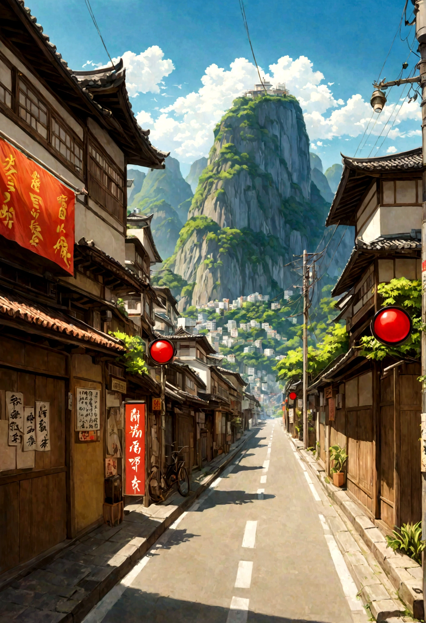 A painting depicting a waterside street, Traffic light on pole, rio de janeiro in an Japanese Manga film, Japanese Manga. author：Xin Haicheng, Japanese Manga landscape, author：Xin Haicheng, author：Xin Haicheng, Japanese Manga landscape wallpaper, Japanese Manga scenery, hd Japanese Manga cityscape, Xin Haicheng and (cain kuga), Xin Haicheng&#39;style, high resolution, Uhigh resolution, high resolutionR, 3.20 thousand,1:1