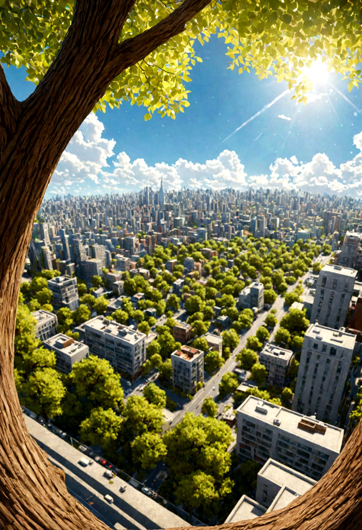 8k, high resolution, super detail, super realistic city in the tree, bright sky, white clouds, miniature