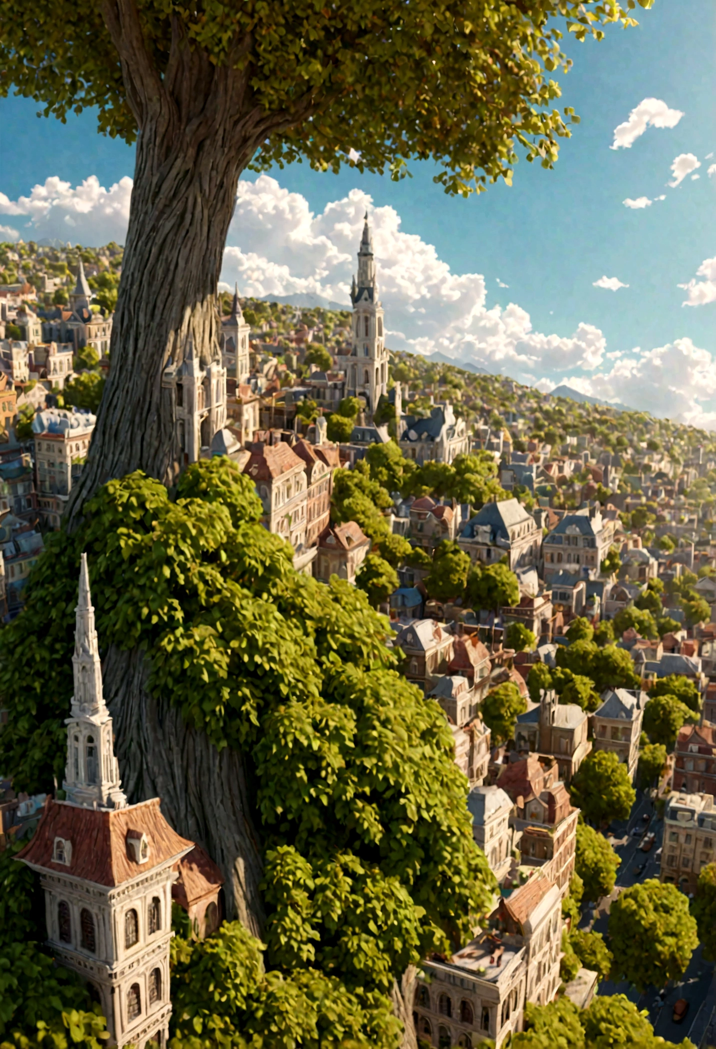 8k, high resolution, super detail, super realistic city in the tree, bright sky, white clouds, miniature