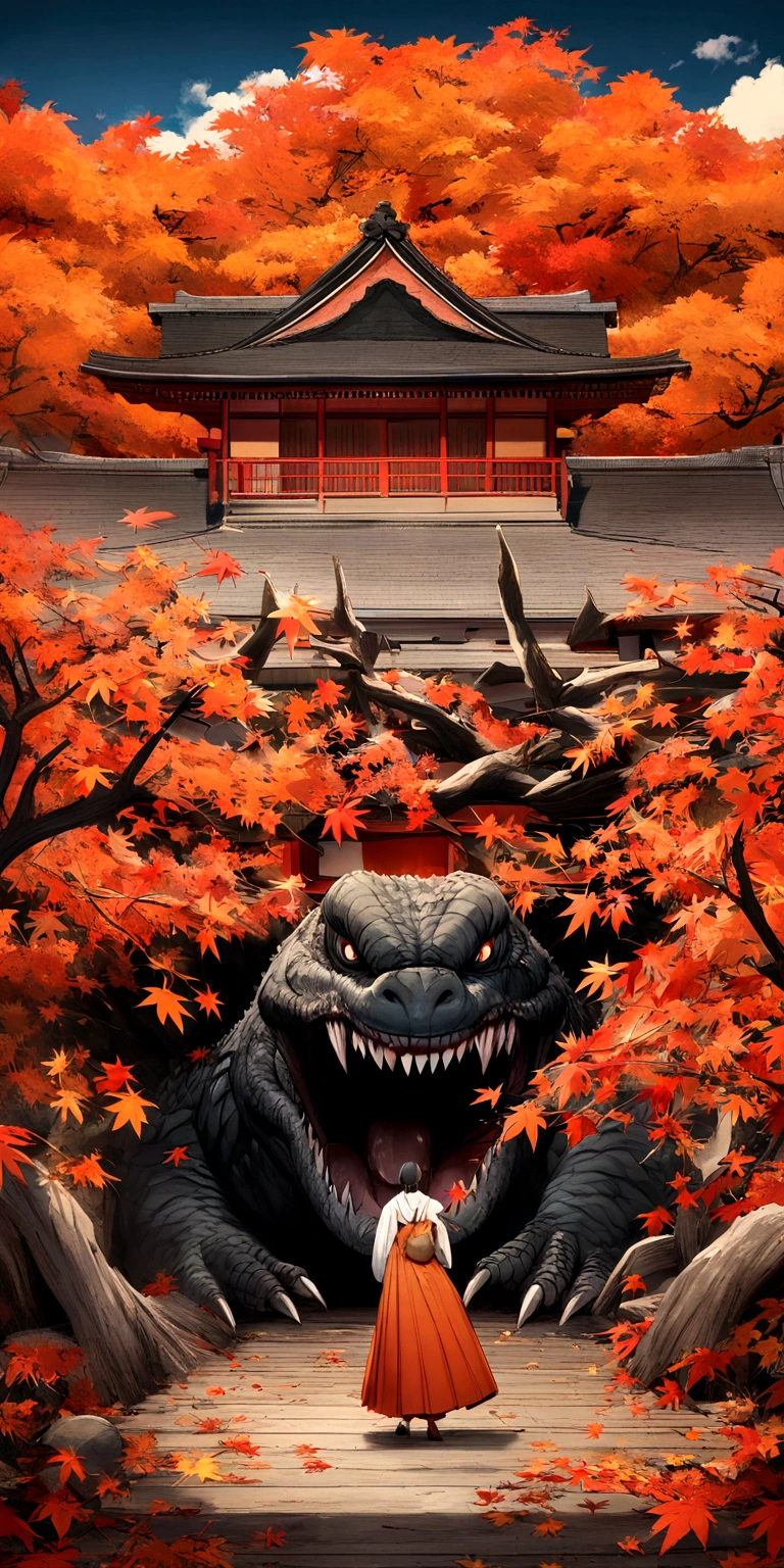 Create a high-definition image of Kyoto in autumn, featuring a temple surrounded by vibrant red and orange maple leaves. Godzilla is rampaging through the area, knocking down trees and causing destruction. The traditional wooden bridge and serene setting contrast sharply with the chaos. #Kyoto #GodzillaAttack #AutumnLeaves