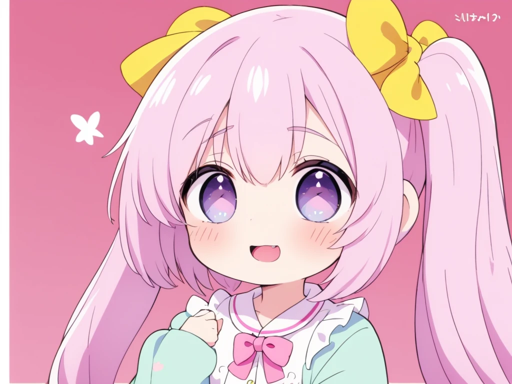 (pastel:1.2)、(Chibi Girl:1.2)、Esbian all over、Long twin tails、Bow and Bow、border pajamas、Funny pose、What's that?、Laughter、Vertical striped background、 pink gradation
