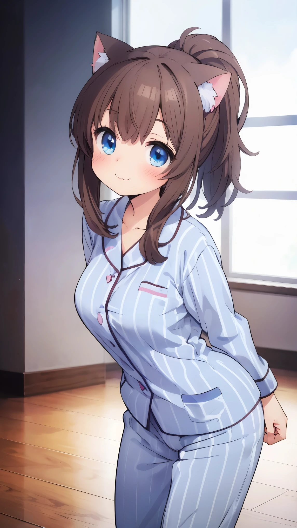 (8k, RAW photo, best quality, masterpiece, highres, absurdres, ultra detailed:1.3), (Photography, realistic, photo-realistic:1.4), (beautiful natural lighting, beautiful deatailed shadow, beautiful detailed glow :1.4), atmospheric,
BREAK 1 beautiful girl,(Cute:1.5),(Chibi:0.5),(kawaii:2),(:2), (17 yl), Very detailed, colourfull, highest details, BREAK, (Huge breasts: 1. 2), Clear skin, Beautiful skin, Shy skin,(Brown hair:1.75), (fluffy Big cat ears, Ponytail, medium-Long hair: 1. 2), (Light blue eyes, long eyelashes, Double eyelids: 1. 2),Solo,gleaming skin, Clear skin, Beautiful skin,(best quality face),(Top quality glowing eyes),(smile,red-faced:1.45),
BREAK //Character
(pajamas:1.2),(((thick vertical stripes of white and light blue thick vertical stripes))),BREAK,(((oversized clothes,oversized pajamas, open pajama shirt ,pants pull down,lean forward, while looking down,blush,put on pants,wear pajamas))),white ribbon panties,
BREAK wakame,wakame,wakame,(cowboy shot, from front:1.4), BREAK manga illustration,manga style,