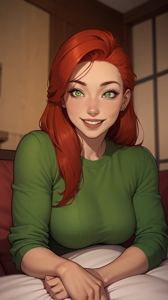 a close-up of a woman in a green sweater, garota ruiva, beautiful mulher ruiva, cute young garota ruiva, she is redhead, mulher ruiva, uma jovem ruiva, Red head, decote, one is redhead, ruiva curta, sardas fofas, lindo sorriso sedutor, com cabelos ruivos e olhos verdes, linda e sorridente, sorrindo sedutoramente