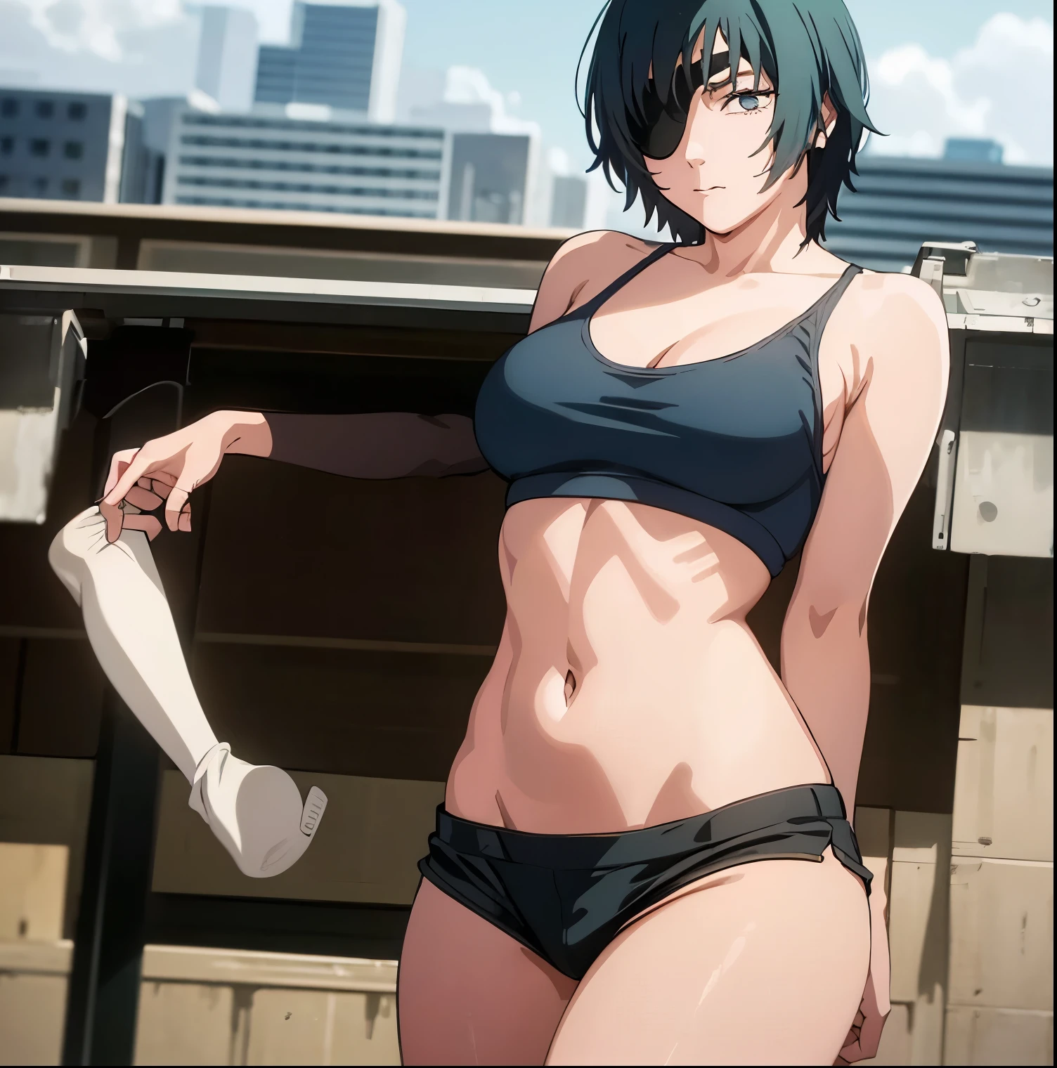 1girl, alone, himeno (chainsaw man), short hair, black hair, black pirate eye patch, green eye, big breasts, medium waist, wide hips, medium thighs, eye patch, outside, apartment, terrace ,city landscape,standing, (tank shirt:1.3),tight white shirt,(neckline:1.3),bare shoulders,bare waist,visible navel,(blue shorts:1.3),short shorts,tight shorts,shoes black,nsfw, detailed eyes, sexy pose, 1 girl, best quality, shy face, seductive, sexy posture, curvy body, mature woman, 4k, detailed body, detailed face, masterpiece, looking at viewer, head on, focus on the breasts, pov (from the middle), (perfect hands), (perfect anatomy)