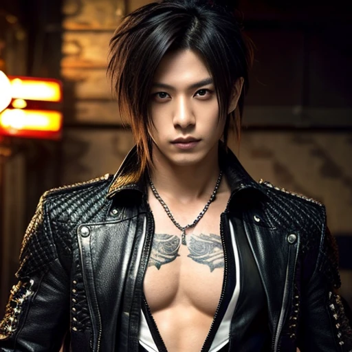 1 japanese male rocker, asien eyes, Visual Kai hairstyle, ultra detailed face and body, hyperrealistic, realistic representation, muscular, broad shoulders, tattoos gothic style, piercings, Visual Kei style, hairstyle Visual Kei, blond, 30 years old, age 30, outfit gothic streampunk, men's shirt and black pants, Asian eyes, eyes Asian, long hair, long hair