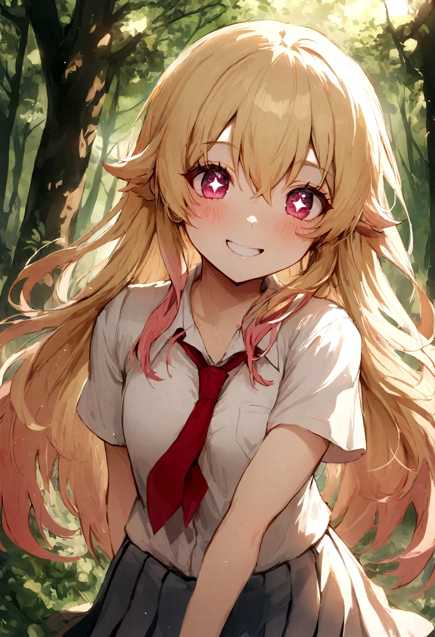 hoshinoruby, star-shaped pupils, ruby_hoshino, blonde hair, bangs, 1girl, pink eyes, long hair, looking at viewer, red eyes, grin, High School Uniforms, forest,