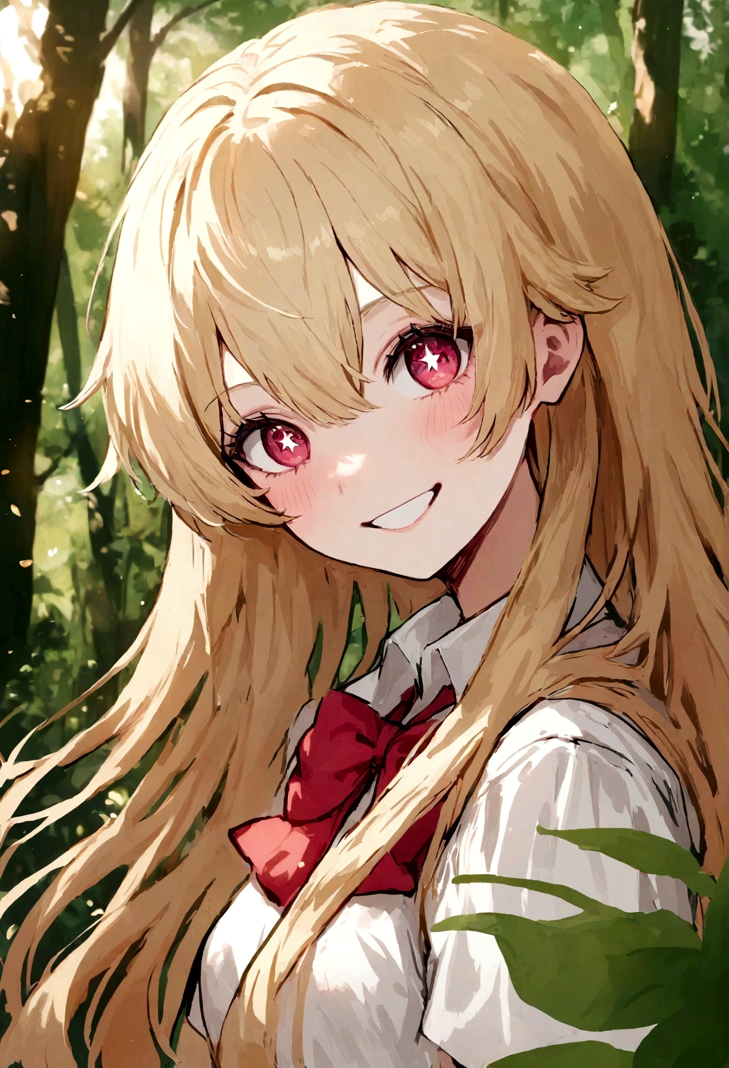 hoshinoruby, star-shaped pupils, ruby_hoshino, blonde hair, bangs, 1girl, pink eyes, long hair, looking at viewer, red eyes, grin, High School Uniforms, forest,